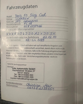 Toyota Yaris cena 21500 przebieg: 132580, rok produkcji 2010 z Tarnów małe 631